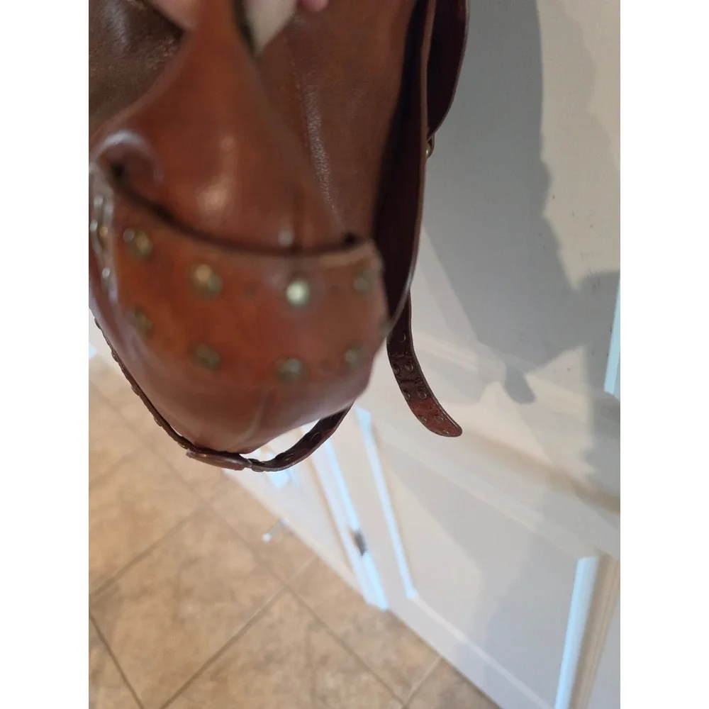 Koba Cognac Brown Leather Studded Hobo Shoulder Bag Brass Hardware Boho